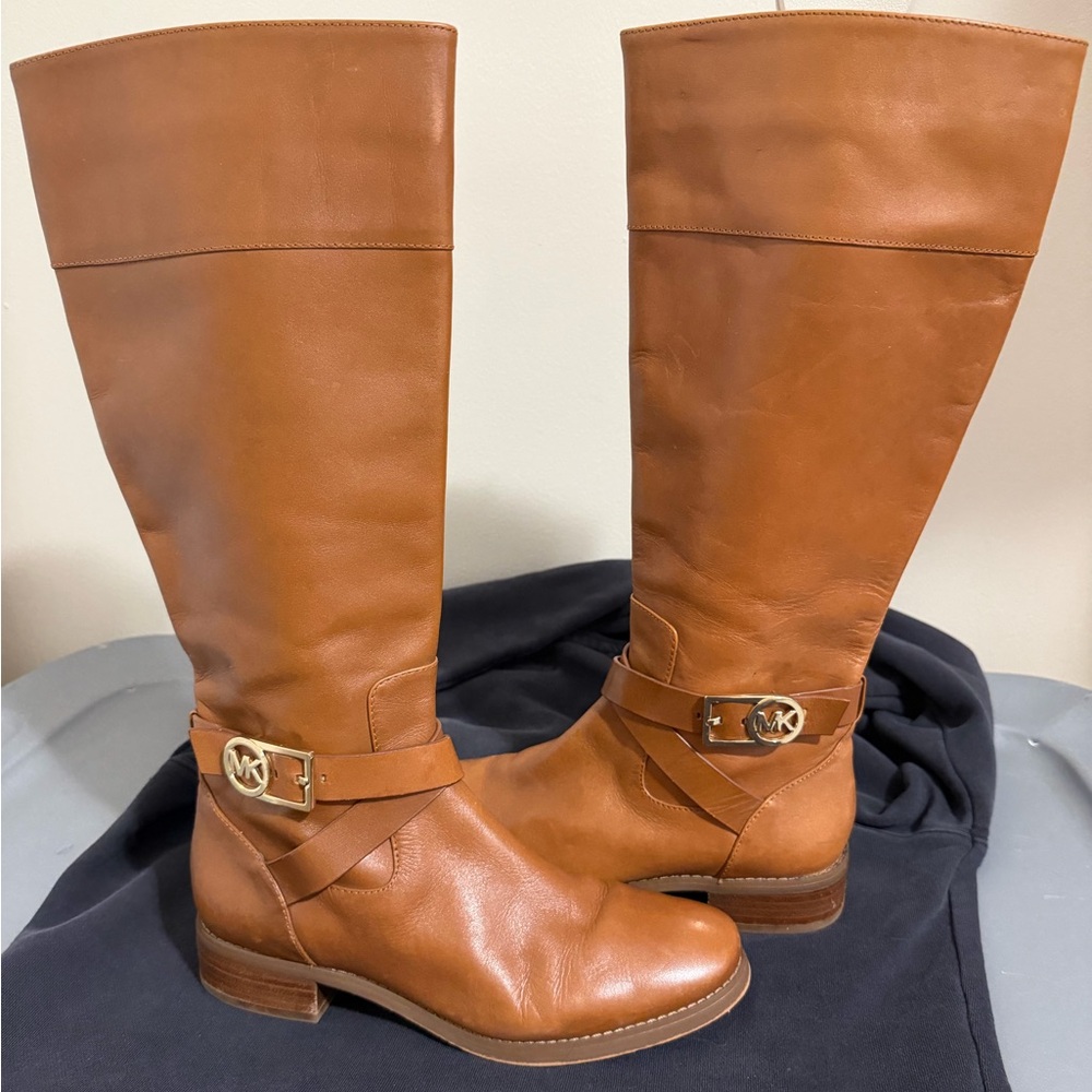 Michael Kors Brown Leather Riding Boots MK Logo Buckle Knee High Size 7.5